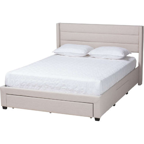 Braylon Queen 3 Drawer Storage Bed in Channel Tufted Beige Fabric & Dark Wood