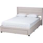 Braylon Queen 3 Drawer Storage Bed in Channel Tufted Beige Fabric & Dark Wood