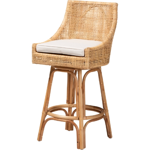 Bella Bar Stool in Natural Brown Rattan & White Fabric