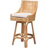 Bella Bar Stool in Natural Brown Rattan & White Fabric
