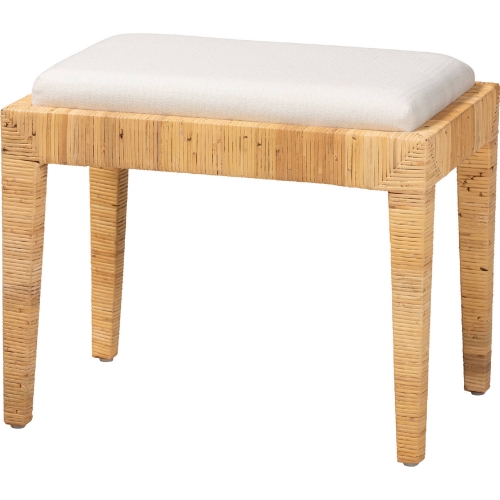 Sofia Ottoman in Natural Rattan, Mahogany & White Fabric