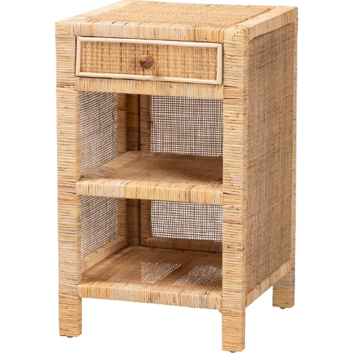 Bella 1 Drawer Nightstand in Natural Brown Mahogany & Rattan