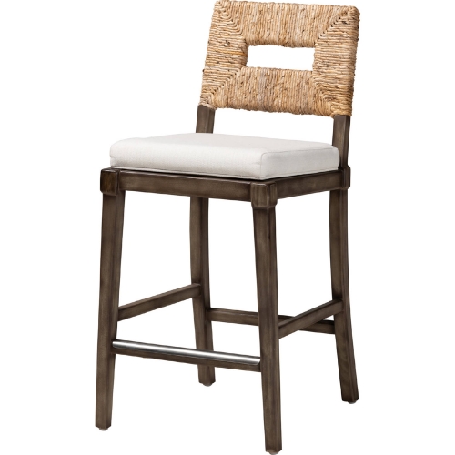 Porsha Counter Stool in Mahogany, Rattan & White Fabric