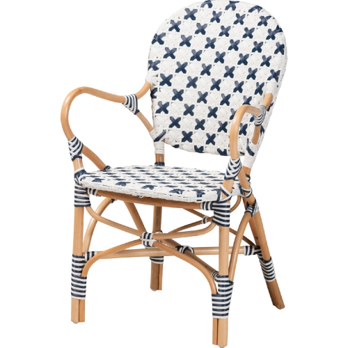 Bryson French Bistro Dining Chair in Blue & White Weave & Rattan