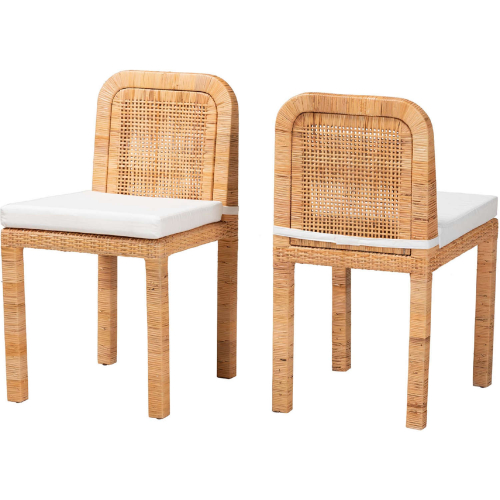 Zariah Dining Chair in Natural Rattan, Mahogany Wood & White Fabric (Set of 2)