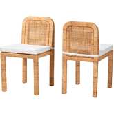 Zariah Dining Chair in Natural Rattan, Mahogany Wood & White Fabric (Set of 2)