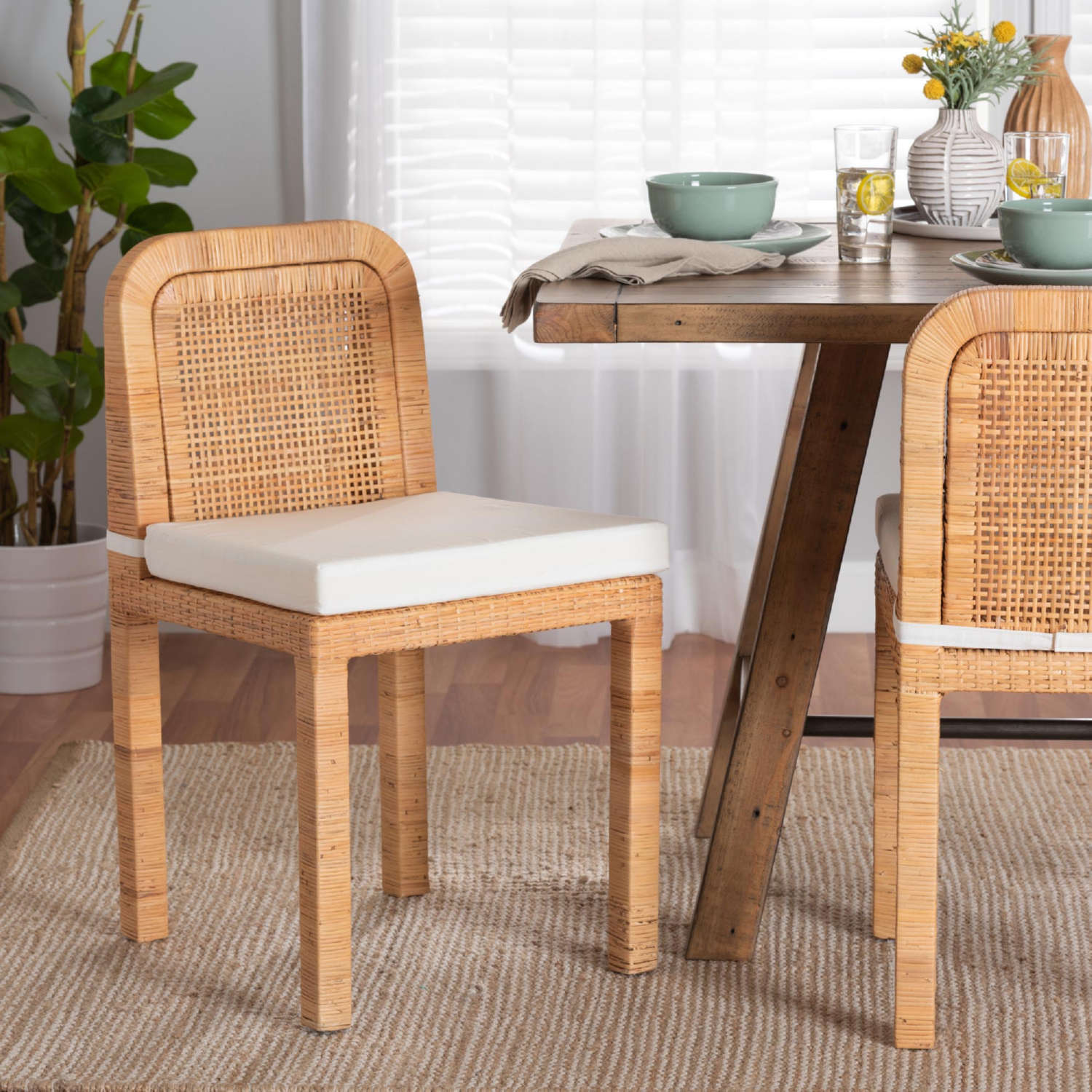Zariah Modern Bohemian Rattan and Wood Dining Chair Set - Thumbnail 5