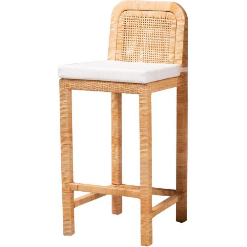 Zariah Bar Stool in Natural Rattan, Mahogany Wood & White Fabric