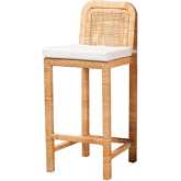 Zariah Bar Stool in Natural Rattan, Mahogany Wood & White Fabric
