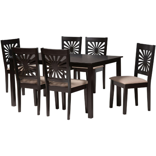Olympia 7 Piece Dining Set in Beige Fabric & Espresso Brown Finish Wood