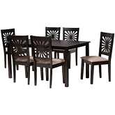 Olympia 7 Piece Dining Set in Beige Fabric & Espresso Brown Finish Wood