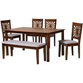 Olympia 6 Piece Dining Set in Grey Fabric & Walnut Brown Finish Wood