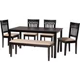 Genesis 6 Piece Dining Set in Beige Fabric & Dark Brown Finish Wood