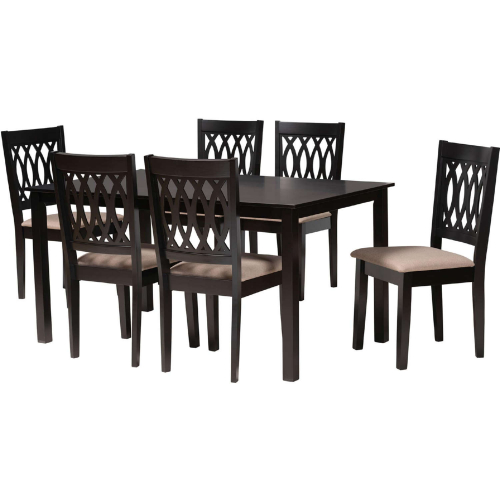 Florencia 7 Piece Dining Set in Beige Fabric & Espresso Brown Finish Wood