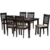 Florencia 7 Piece Dining Set in Beige Fabric & Espresso Brown Finish Wood