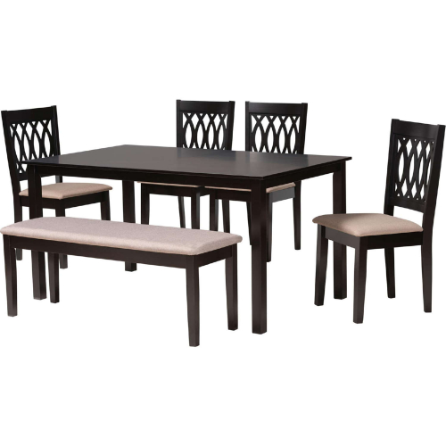 Florencia 6 Piece Dining Set in Beige Fabric & Espresso Brown Finish Wood