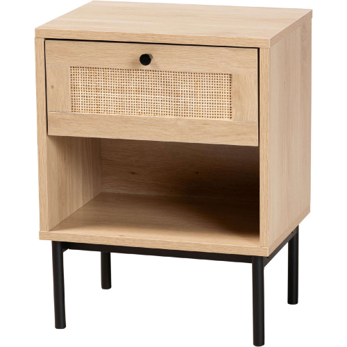 Sherwin 1 Drawer End Table in Light Wood, Rattan & Black Metal