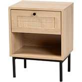 Sherwin 1 Drawer End Table in Light Wood, Rattan & Black Metal