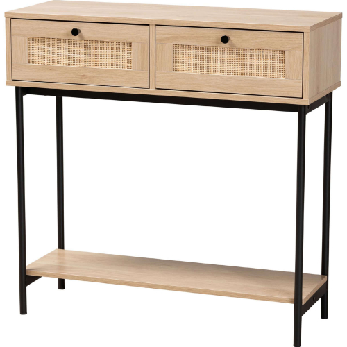 Sherwin 2 Drawer Console Table in Light Wood, Rattan & Black Metal