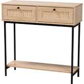 Sherwin 2 Drawer Console Table in Light Wood, Rattan & Black Metal