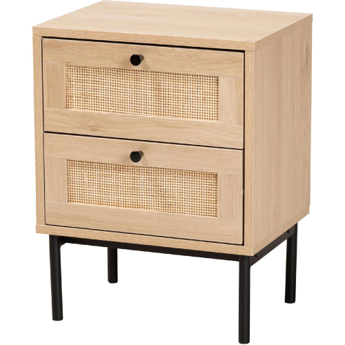 Sherwin 2 Drawer End Table in Light Wood, Rattan & Black Metal