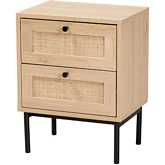 Sherwin 2 Drawer End Table in Light Wood, Rattan & Black Metal