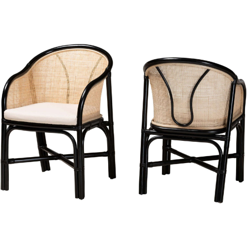 Miranda Dining Chair in Black & Natural Brown Rattan & White Fabric (Set of 2)