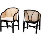 Miranda Dining Chair in Black & Natural Brown Rattan & White Fabric (Set of 2)