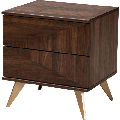 Graceland 2 Drawer Nightstand in Walnut Brown Finish Wood & Gold