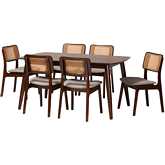 Dannon 7 Piece Dining Set in Grey Fabric, Walnut Finish Wood & Rattan