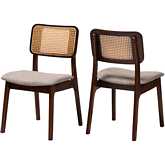 Dannon Dining Chair in Grey Fabric, Walnut Finish Wood & Rattan (Set of 2)