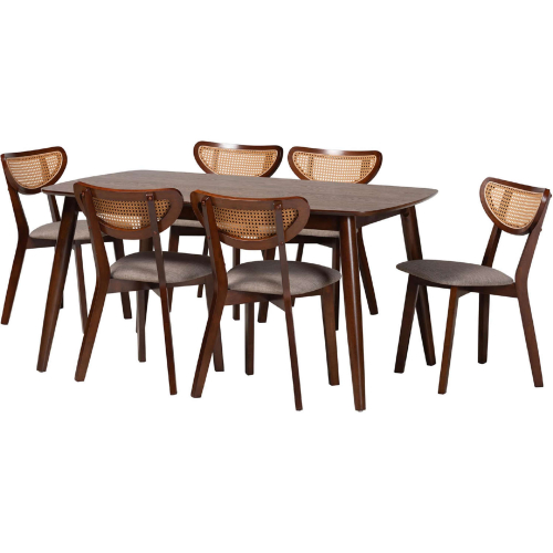 Dannell 7 Piece Dining Set in Grey Fabric, Walnut Finish Wood & Rattan