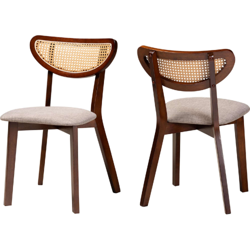 Dannell Dining Chair in Grey Fabric, Walnut Finish Wood & Rattan (Set of 2)