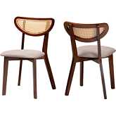 Dannell Dining Chair in Grey Fabric, Walnut Finish Wood & Rattan (Set of 2)