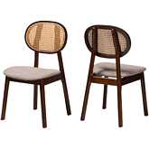 Darrion Dining Chair in Grey Fabric, Walnut Finish Wood & Rattan (Set of 2)