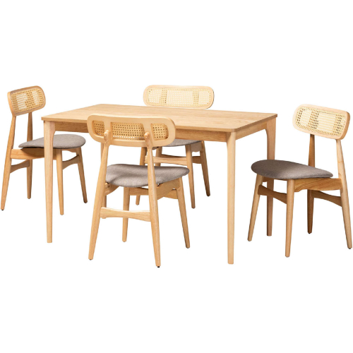 Tarana 5 Piece Dining Set in Grey Fabric, Oak Finish Wood & Rattan