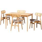 Tarana 5 Piece Dining Set in Grey Fabric, Oak Finish Wood & Rattan