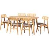 Tarana 7 Piece Dining Set in Grey Fabric, Oak Finish Wood & Rattan