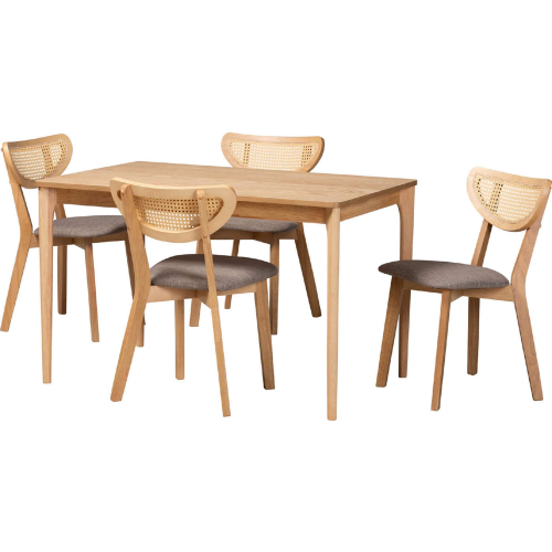 Dannell 5 Piece Dining Set in Grey Fabric, Oak Finish Wood & Rattan