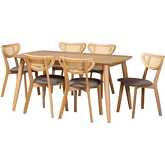 Dannell 7 Piece Dining Set in Grey Fabric, Oak Finish Wood & Rattan
