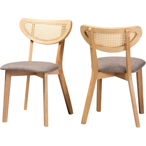 Dannell Dining Chair in Grey Fabric, Oak Finish Wood & Rattan (Set of 2)