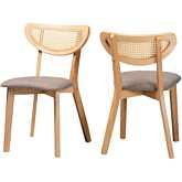 Dannell Dining Chair in Grey Fabric, Oak Finish Wood & Rattan (Set of 2)