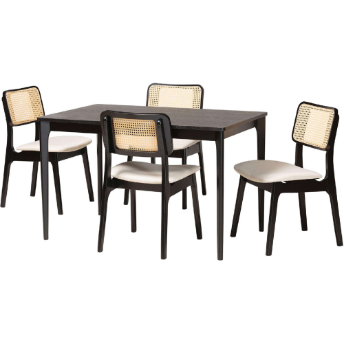 Dannon 5 Piece Dining Set in Cream Fabric, Black Wood & PE Rattan