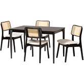 Dannon 5 Piece Dining Set in Cream Fabric, Black Wood & PE Rattan