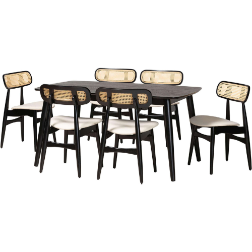 Tarana 7 Piece Dining Set in Cream Fabric, Black Wood & PE Rattan