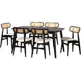 Tarana 7 Piece Dining Set in Cream Fabric, Black Wood & PE Rattan