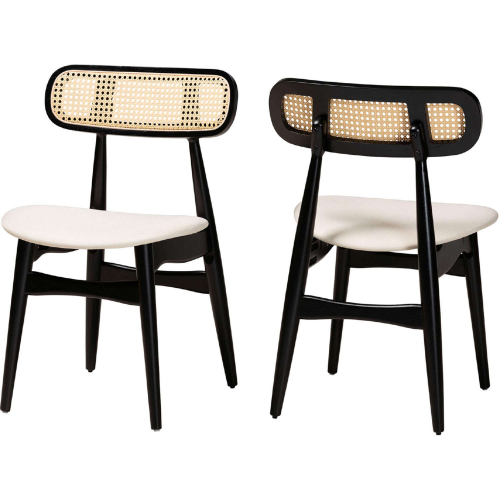 Tarana Dining Chair in Cream Fabric, Black Wood & PE Rattan (Set of 2)