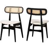 Tarana Dining Chair in Cream Fabric, Black Wood & PE Rattan (Set of 2)