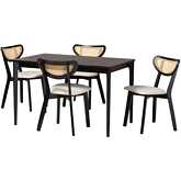 Dannell 5 Piece Dining Set in Cream Fabric, Black Wood & PE Rattan