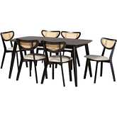 Dannell 7 Piece Dining Set in Cream Fabric, Black Wood & PE Rattan